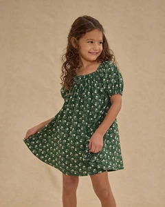 Girls' Green Printed Velvet Breathable Polyester/Cotton Short-Sleeved Dress for Autumn for Children