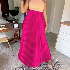 Women's Fashion High Waist Long Pleated Maxi Skirt Solid Color Plus Size Empire Waistline Breathable Casual Summer