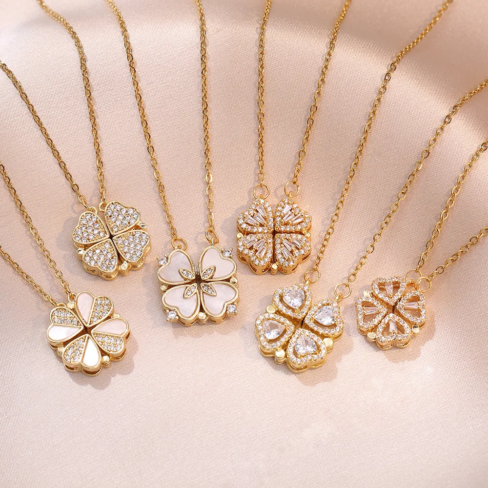 Luxury Gold Zircon Clover Heart Necklace