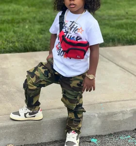 Wholesale Boys Clothing Sets-Cotton Print Oversized Tee Shirt & Camouflageslim Multi-Pocket Pants