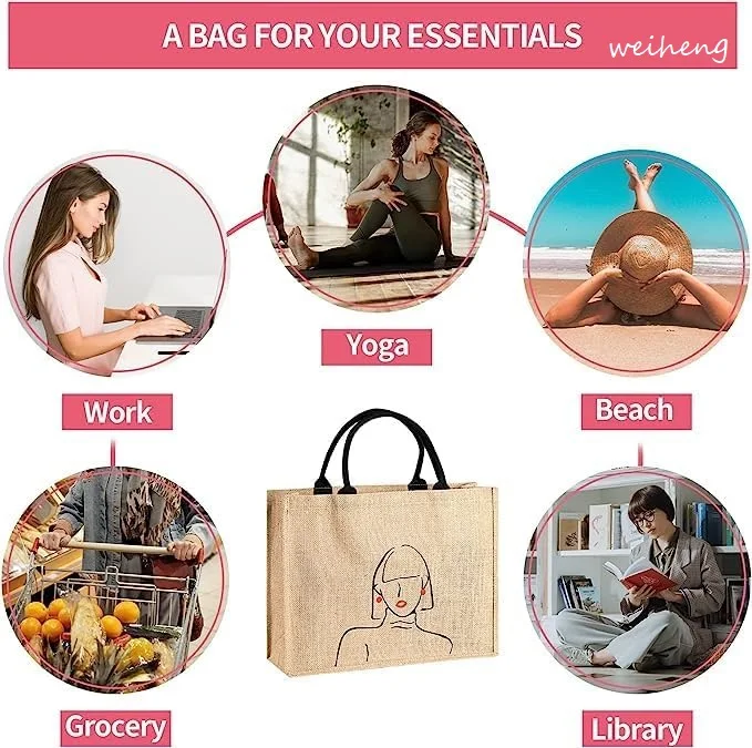 Customized Printing logo Recycled  High Quality Load Capacity Women Small Shoulder Shopping Jute Tote Bag details