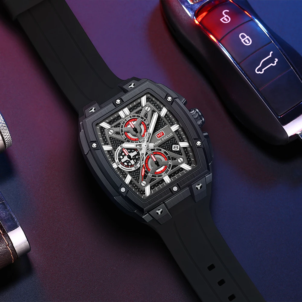 MINI FOCUS Chronograph Quartz Man New Model Watch for Men Sport Wristwatch with Black Rose Gold Silicone Strap MF0602G