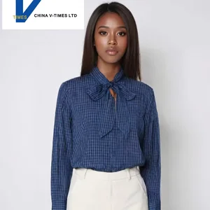 Blue Plaid Tie-Neck Blouse for Women 2026 New Minimalist High-End Casual Shirt Buttons Unique Not Commonly Seen Top for Autumn