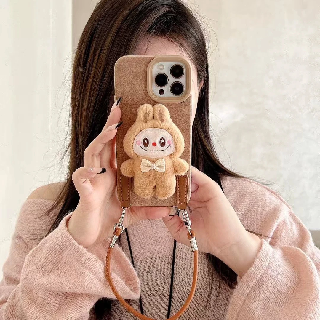 Labubu 3D Wristband Stereo Cartoon Cute Faux Fur Phone Case for iPhone 15 16 Pro Max Cartoon Cover for Pop Mart Phone