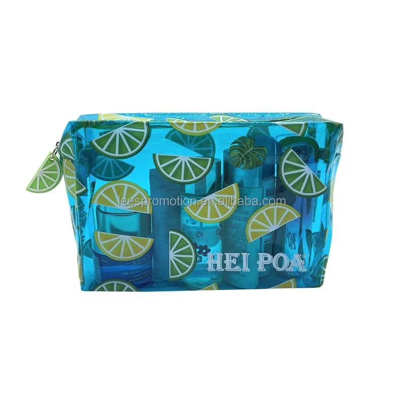 2023 Hot Sale Large Capacity Waterproof Blue Pvc Lemon Print Cosmetic