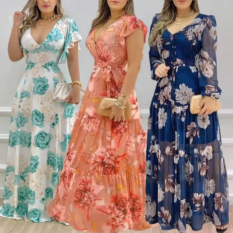 Fashion Ladies Long Summer One-shoulder Floral Dress Women Clothing Casual Dresses Women's Maxi Dresses