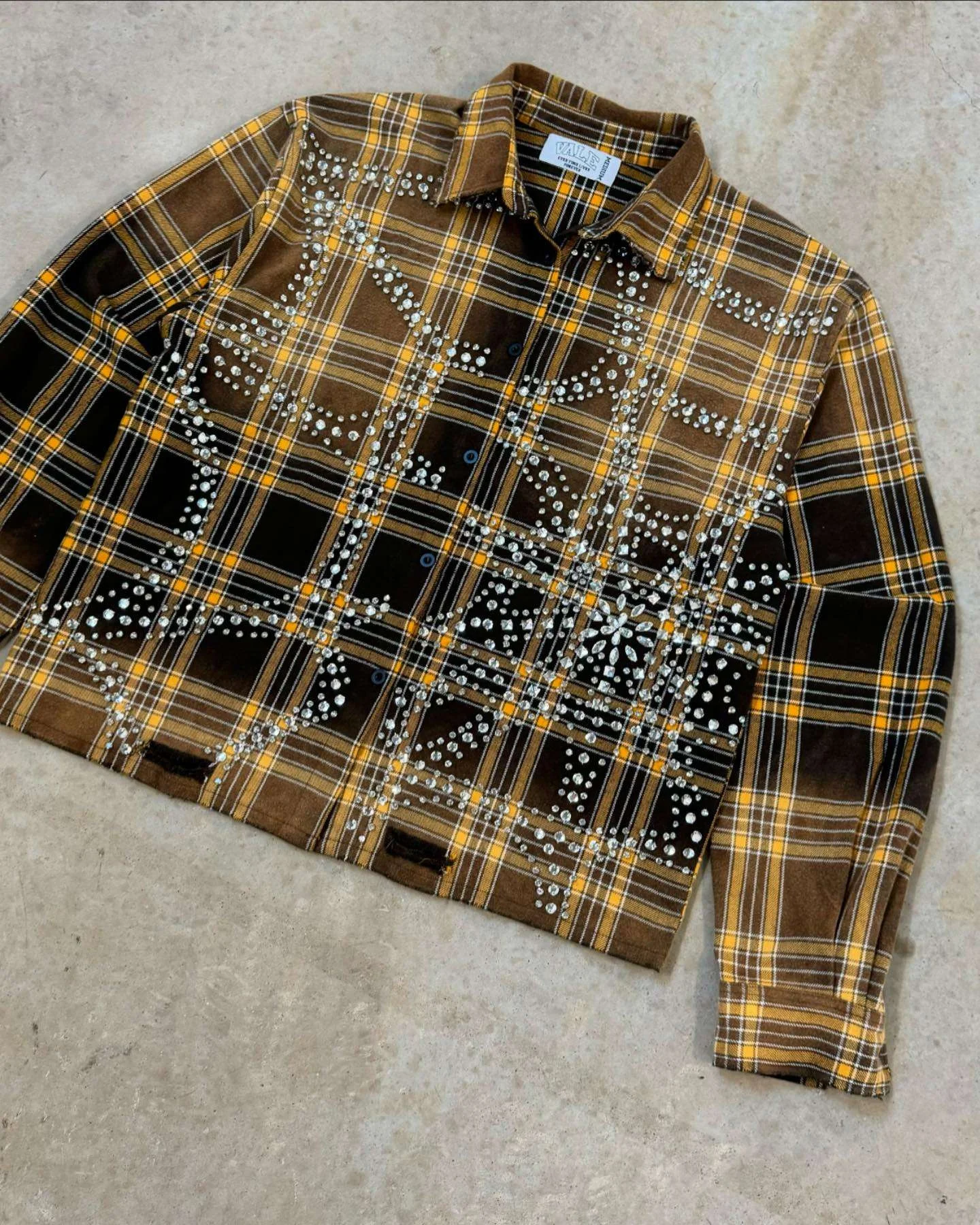 Custom T-shirt Cotton Boxy Crystal Diamond Collar Heavyweight Oversized Acid Wash Button Down up Rhinestone Plaid Shirts for Men gallery 4