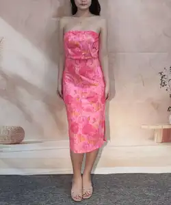 Pink Bodycon Midi Dress for Ladies Floral Front Fashion Design Summer Casual ODM Slit