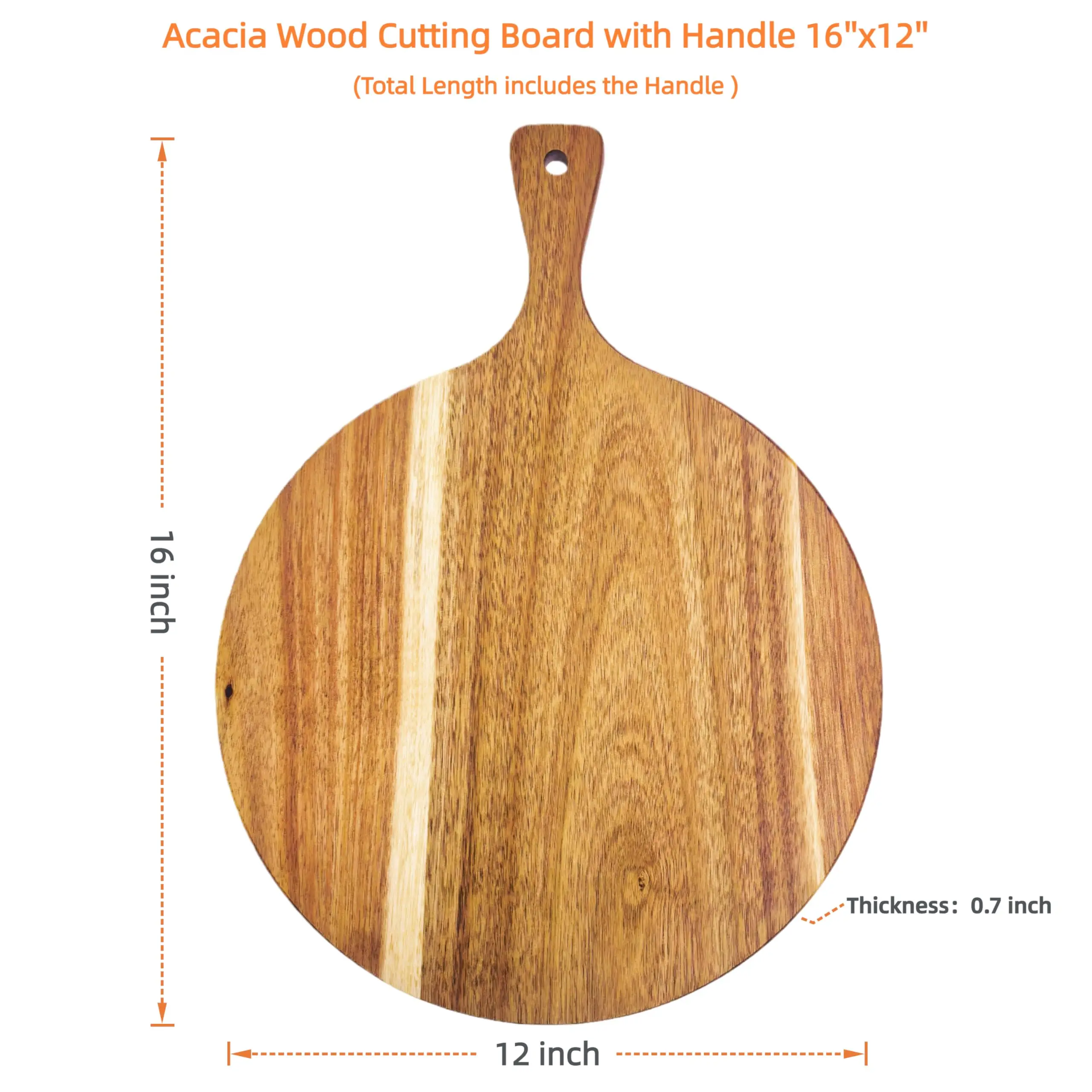 product custom round acacia wood cutting board with handle pizza peel serving tray charcuterie board for kitchen cheese bread meat-5