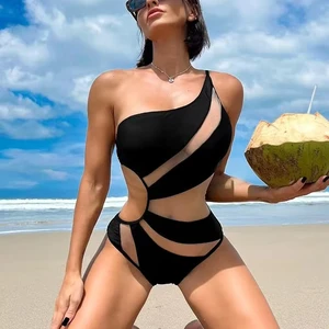 Factory Custom New Sexy Patchwork Hollow Out Mesh One Piece Bikini One Shoulder Swimsuit Women Swimwear Monokini