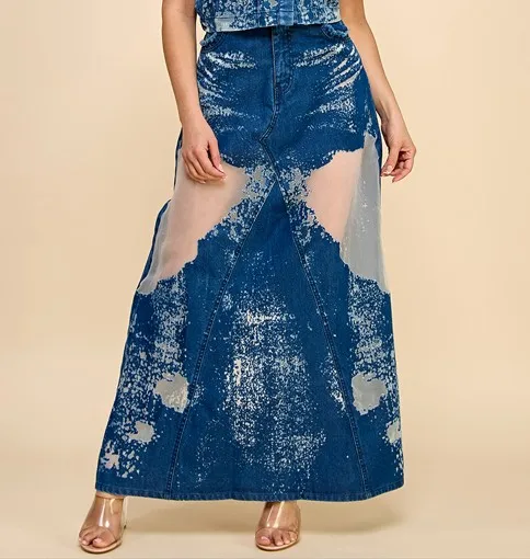 Elegant Avant-garde Burning Flower Denim Long Skirt For Women Ladies Skirt - Image 2
