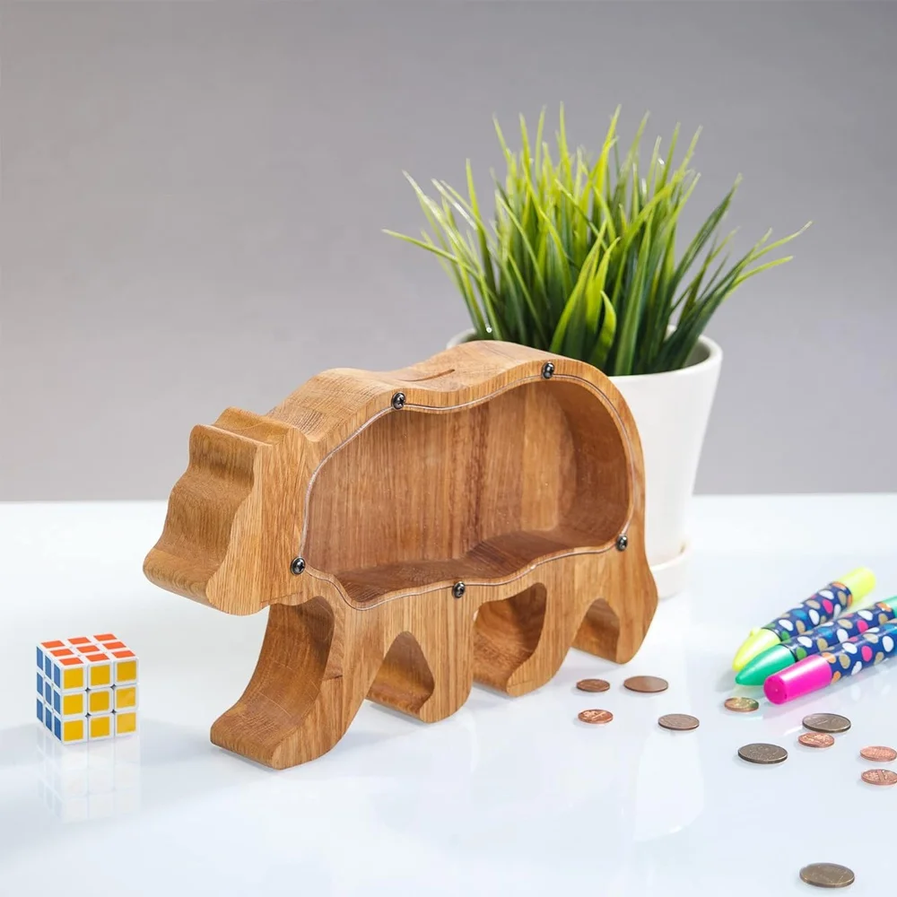 Oak Wood Bear Shaped Coin Box Wooden Money Boxes Wood Piggy Bank Saving