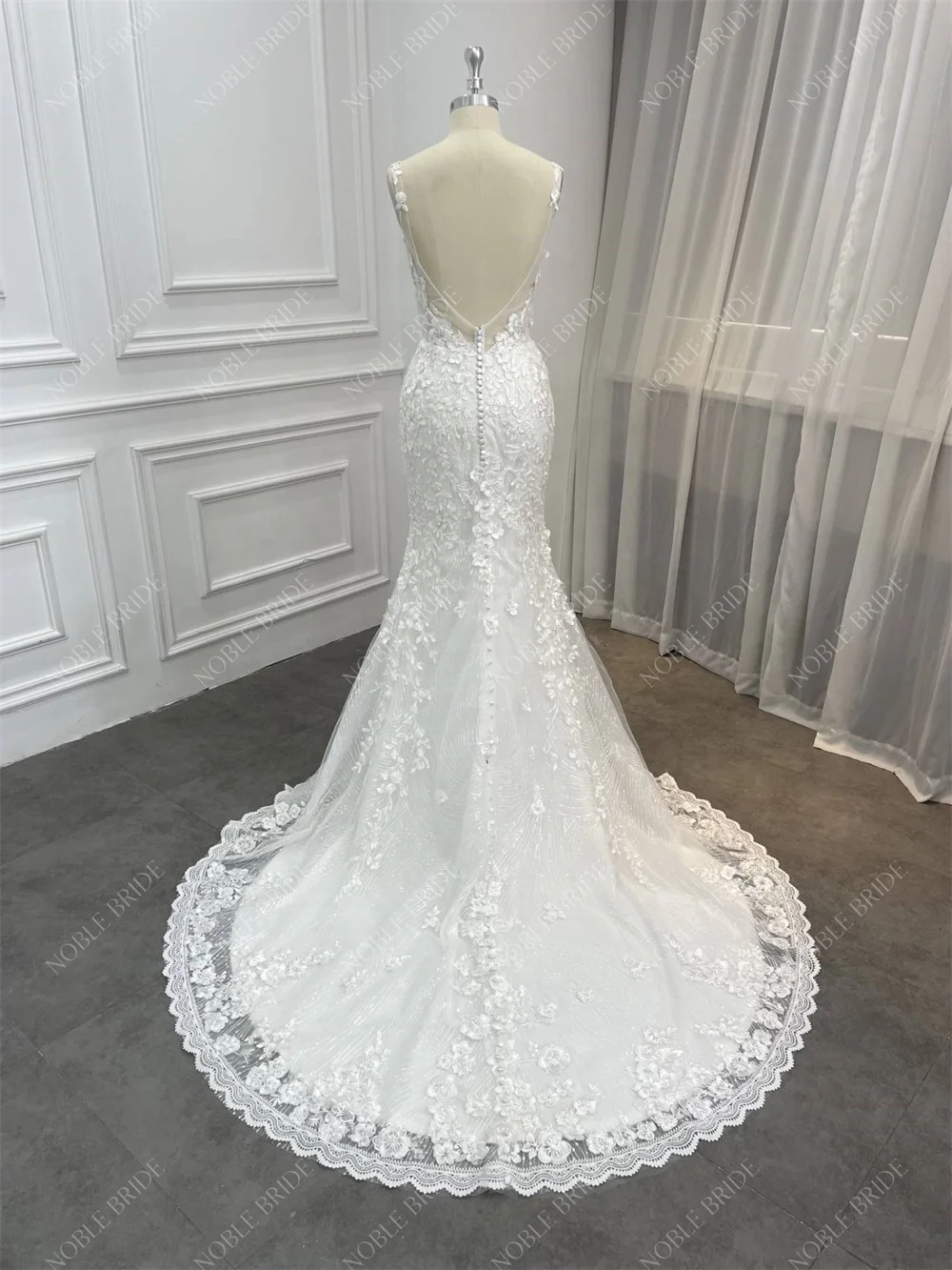 Detachable Overskirt Mermaid 3D Flowers Lace Pearls Beaded Bustle Train  Wedding Dress