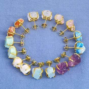 Wholesale Minimalist Natural Gemstone Aquamarine Stone Earring Customized Quartz Jewelry Crystal Stud Earrings Women