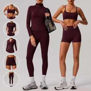 Women's Solid Color 5 Piece Yoga Suit High Elastic Breathable Fitness Bra & Shorts Outdoor Body Shaping Running Sports Suit Set