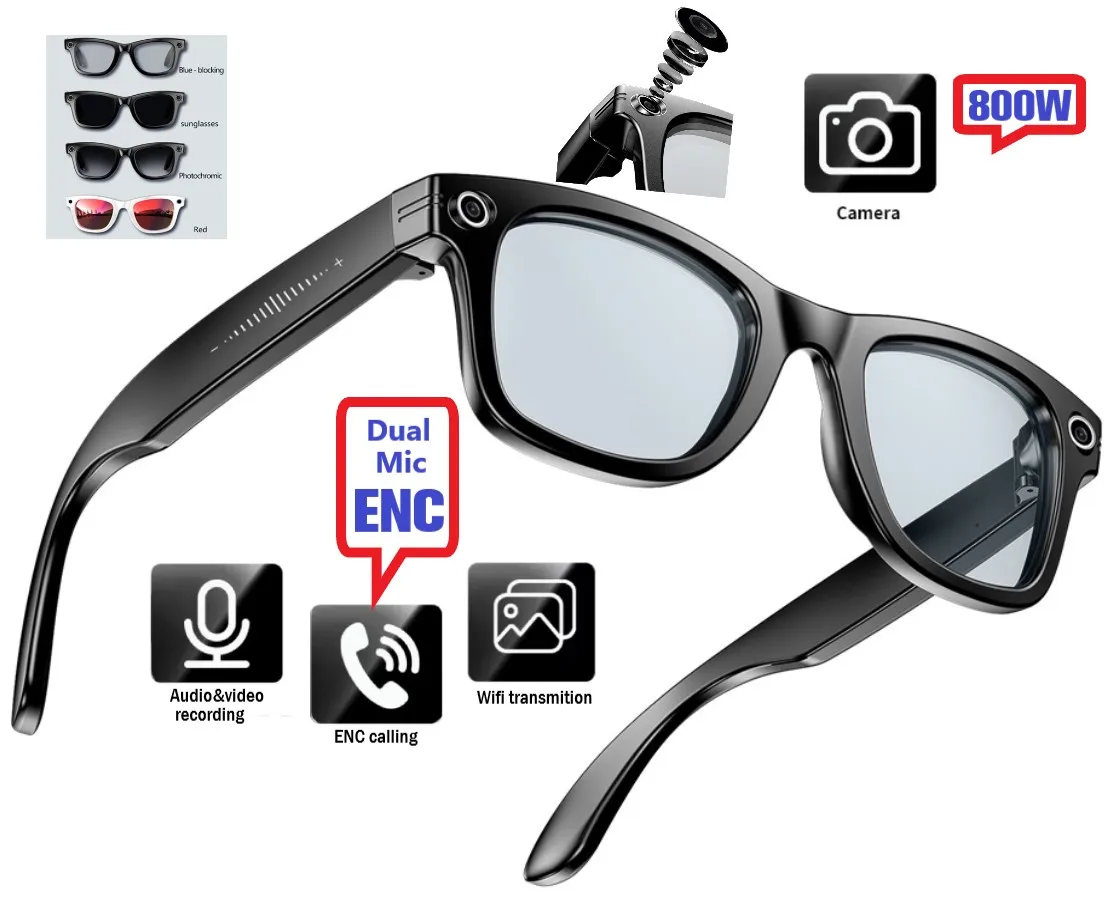 Cámara de píxeles de 800W, gafas inteligentes Ai, Audio, micrófono