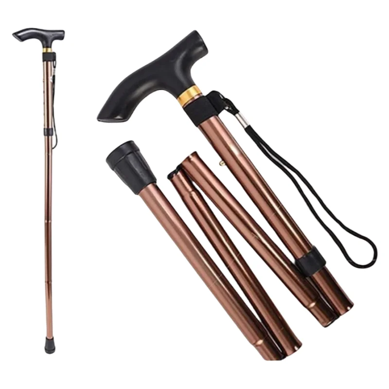 Foldable Aluminium Walking Cane Stick 5-Adjustable Height Hiking Clutch with Rubber Handle For Elderly & Mountaineering Hiking Travel