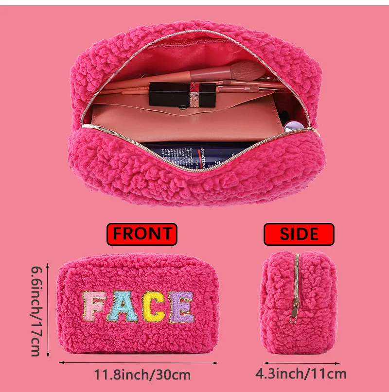 New Terry Cloth Women Makeup Bag Chenille Embroidery Teddy Velvet Women