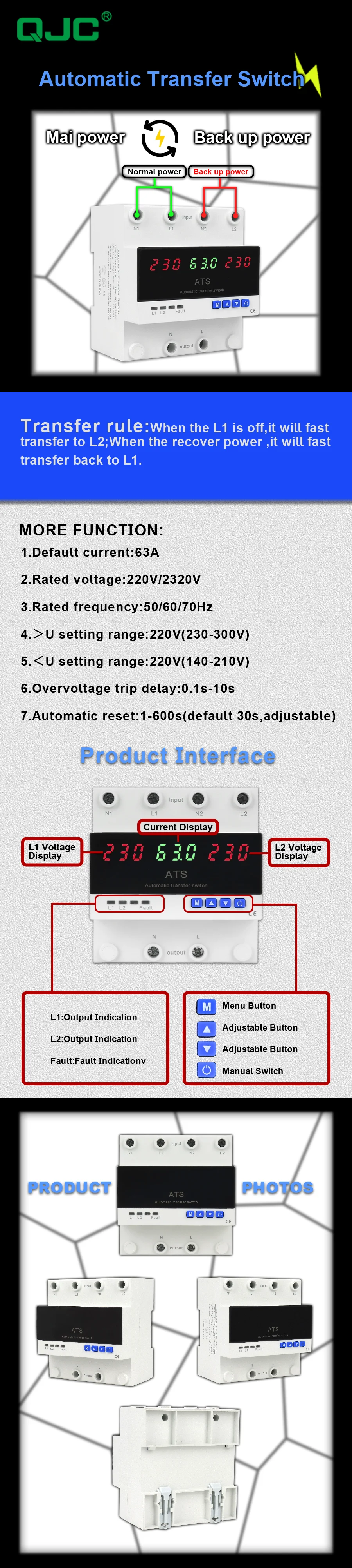 QJC New Over Under Voltage Protector ATS Automatic Transfer Switch ...