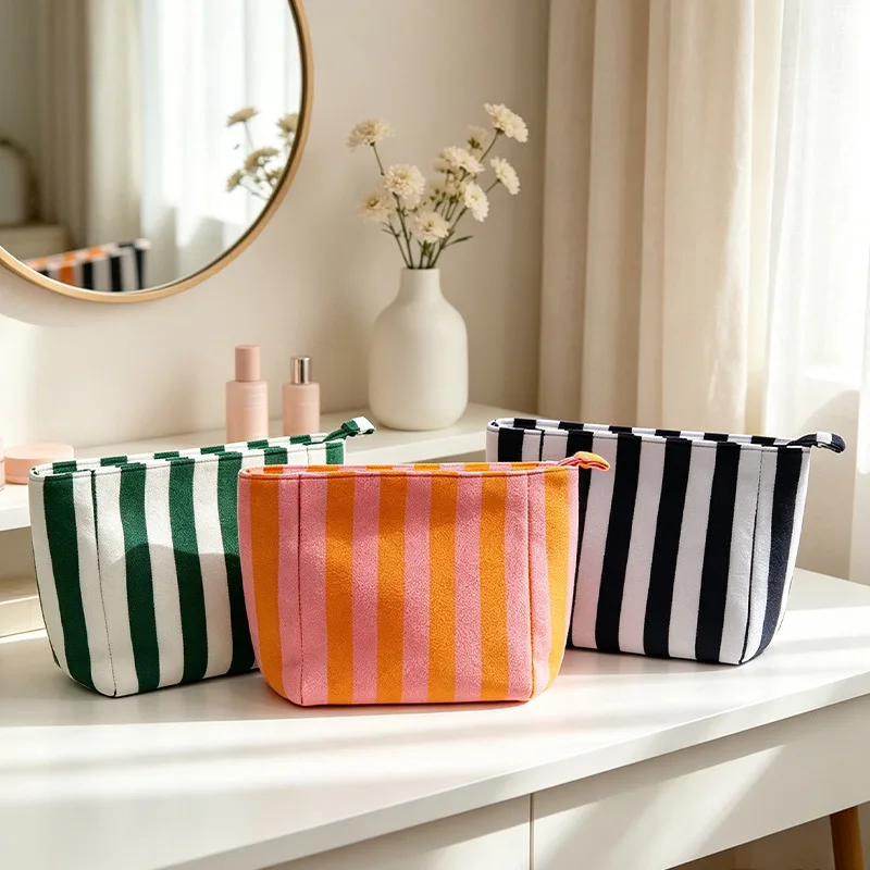 Striped Terry Cloth Cosmetic Bag Zipper Makeup Pouch Portable Travel Organizer Case