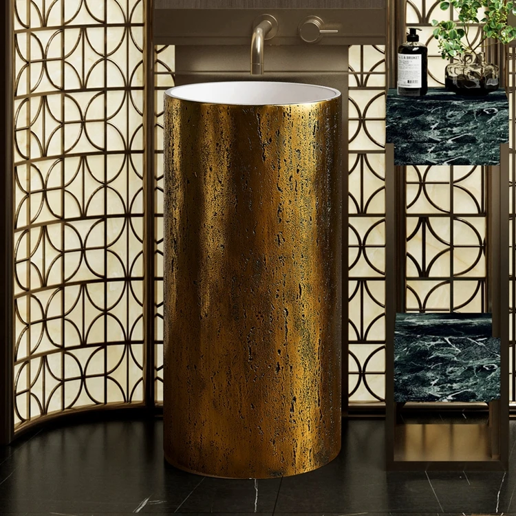 Creative Travertine Surface Gold Electroplated Luxury Style Floor Mounted Artificial Stone Wash Basin Bathroom Pedestal Sink