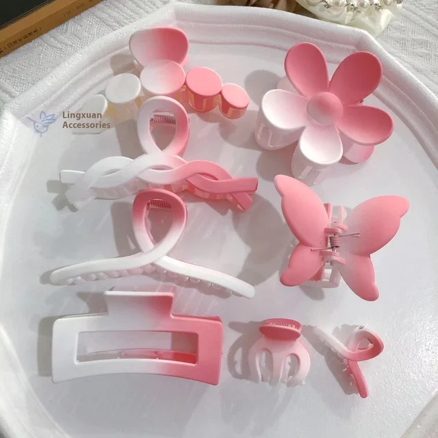 8-Piece Gradient Powder High Ponytail Grab Clip Set Large Cross Square & Shark Hair Clip for Kids