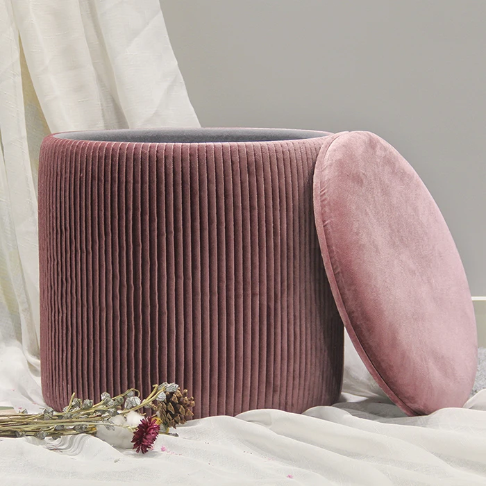 HStex Customize French Luxury Round Pleated Velvet pink Ottoman Sofa 2020 Hot Sale Chair with Storage Seat Footstool