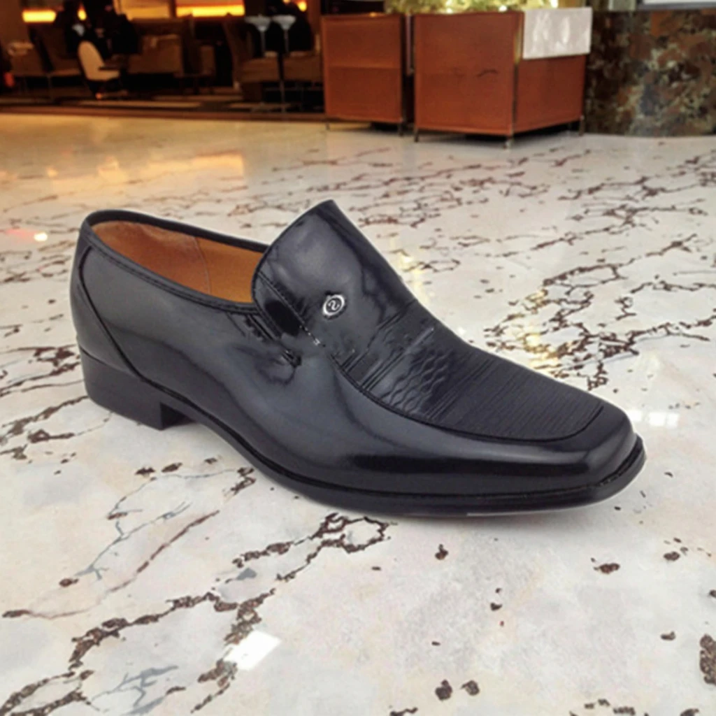 CXT Lace Free Banquet Formal Events Using Men's Slip-On Anti-Slip Square Toe Black Dress Shoes Elite Business Person HSA089