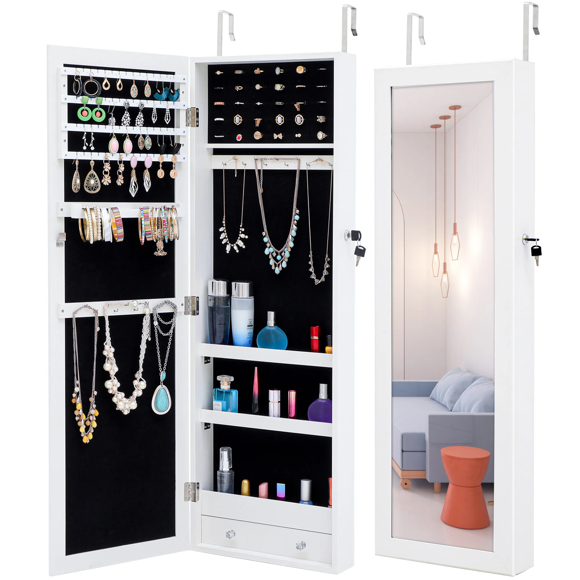 Jewelry Storage Mirror Cabinet with Full Length Wall Mirror