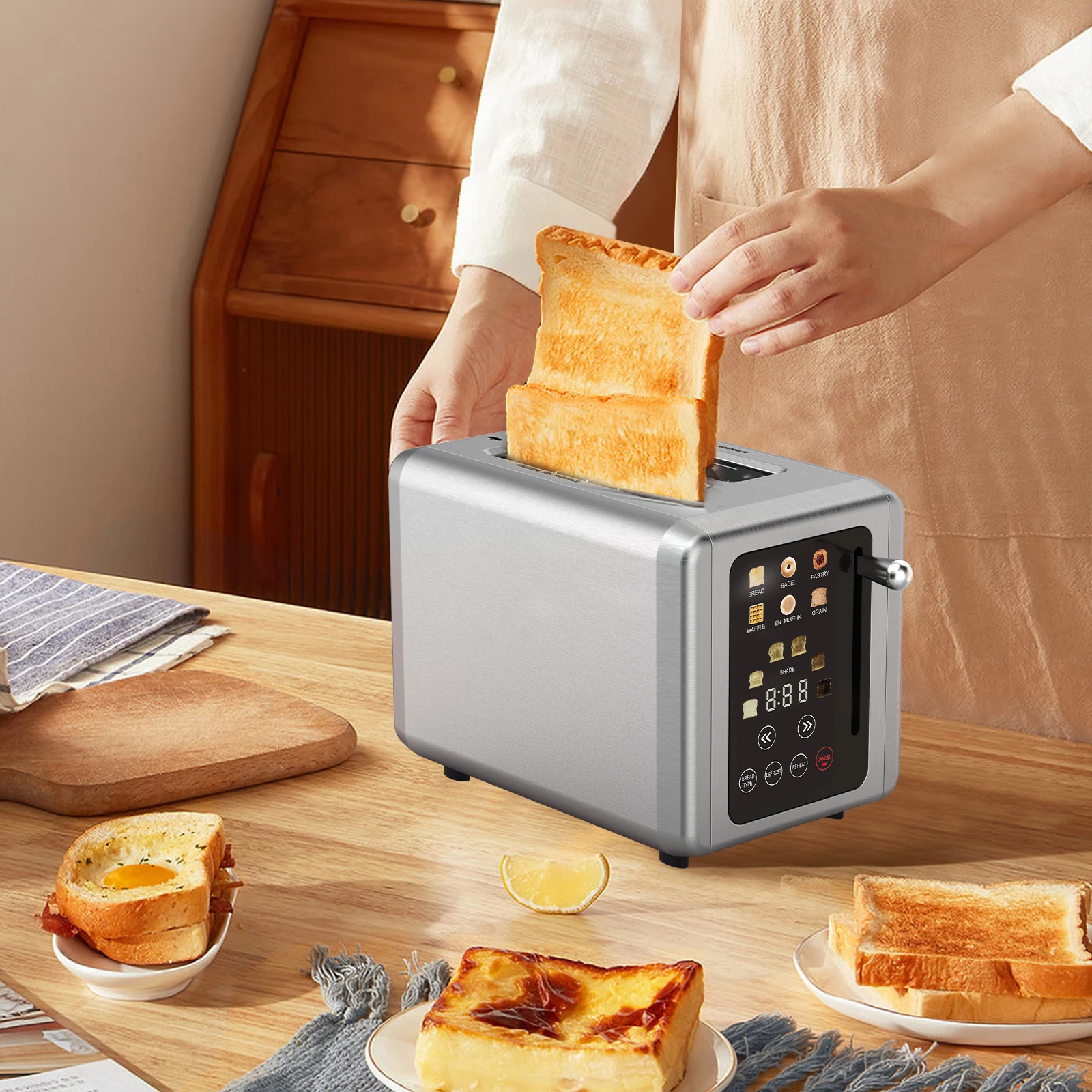 Stainless Steel Bread Toaster with Digital Screen Touch Control Multiple Functions 2 Slice Smart Toaster