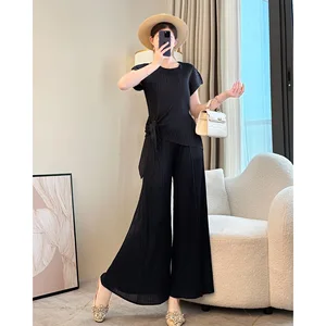 Elegant Summer Miyake Pleated Khaki Pants High Waist Slim Leg Long Casual Breathable Flat Front Draped Loose Wide Leg Design