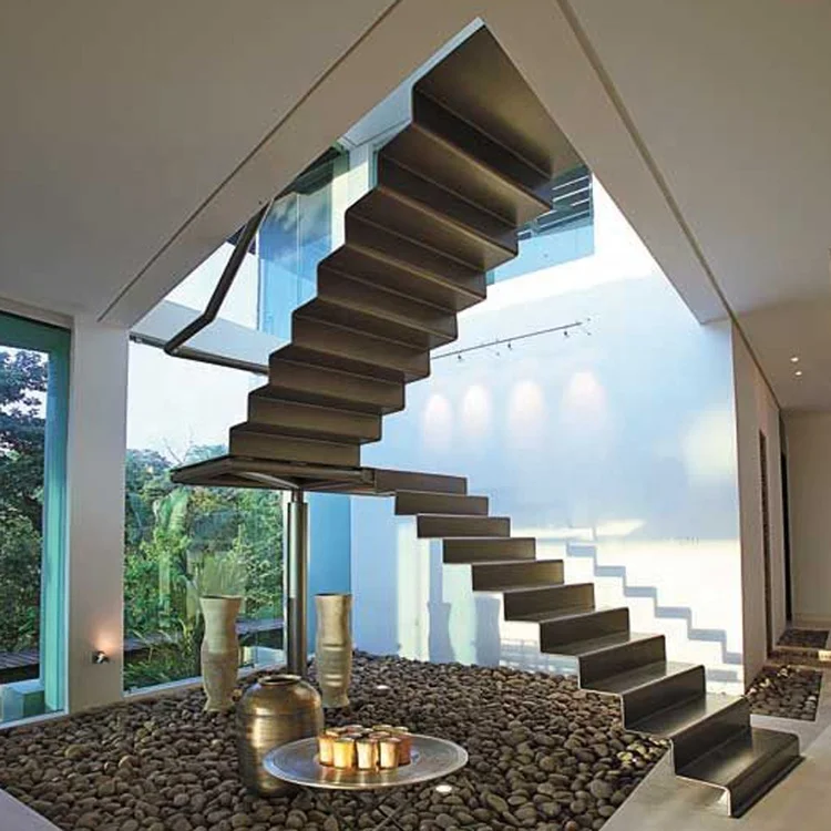 High Quality Zigzag Staircase with Tempered Glass Railing Design Indoor Stainless Double Stringers Stair