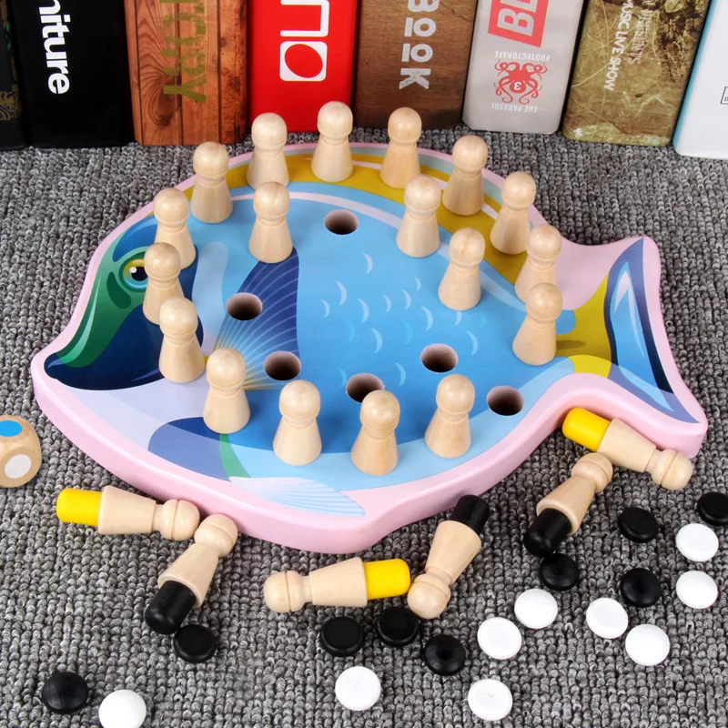 Wooden Memory Chess Kids Apple Cat Fish Shape Memory Chess Toys Early Education Thinking Logic Training Toys