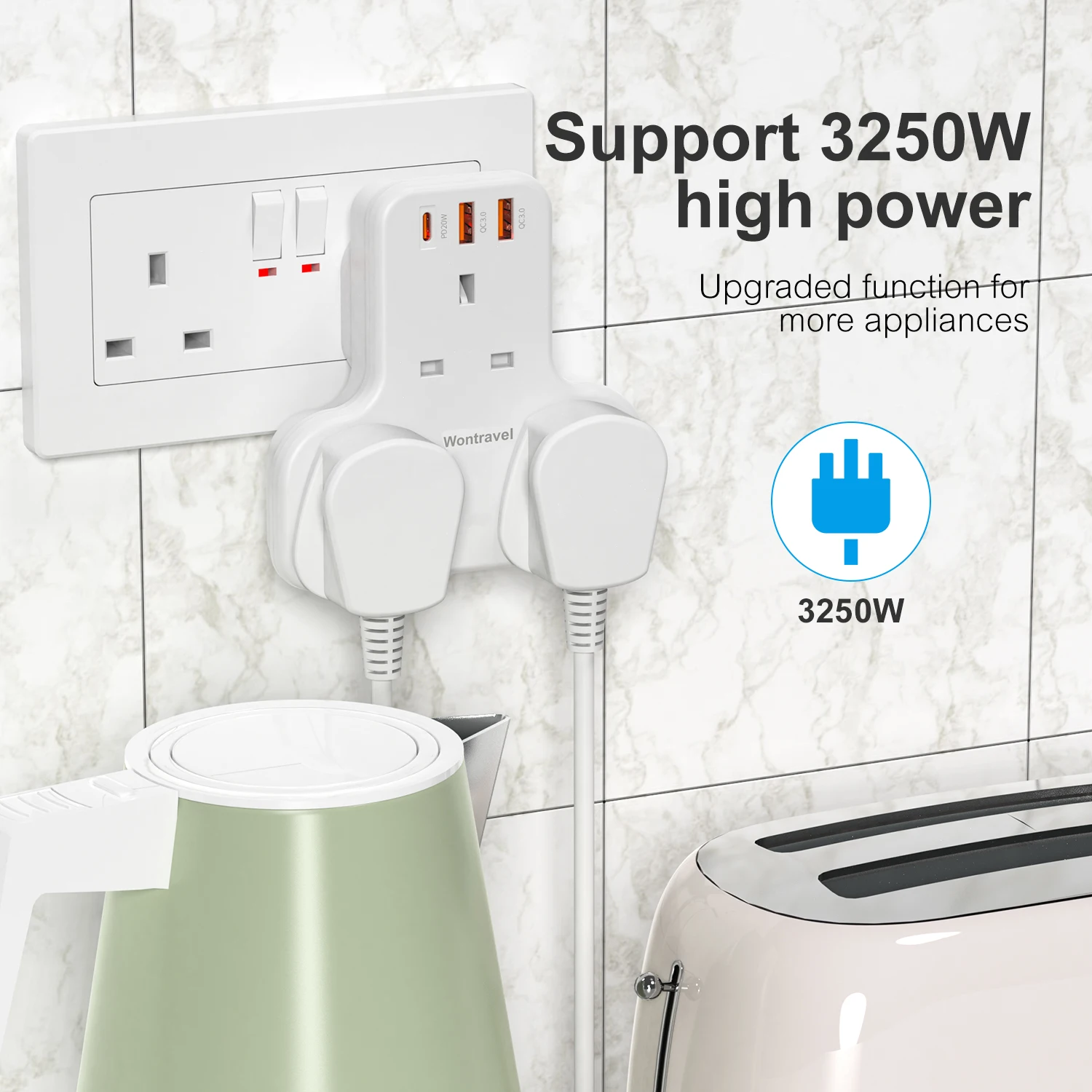 Wontravel 20w Pd Uk Wall Outlet Charger 3 Way Wall Adaptor Socket With