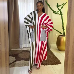 STOCK Stripe Print V-NECK Women Dress Plus Size Caftan Beach Long Robe S-2XL