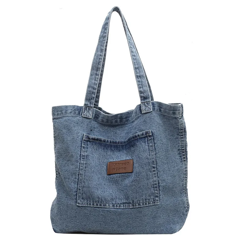 Custom Logo Eco Recycle Reusable Grocery Designer Women Shoulder Jean Cloth Tote Bags Denim Tote Bag