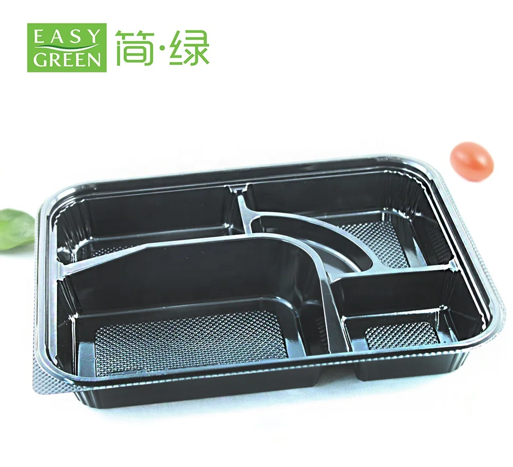 Plastic Disposable Lunch Box with 5 Compartment Black Color Takeaway Bento Box with clear Lid
