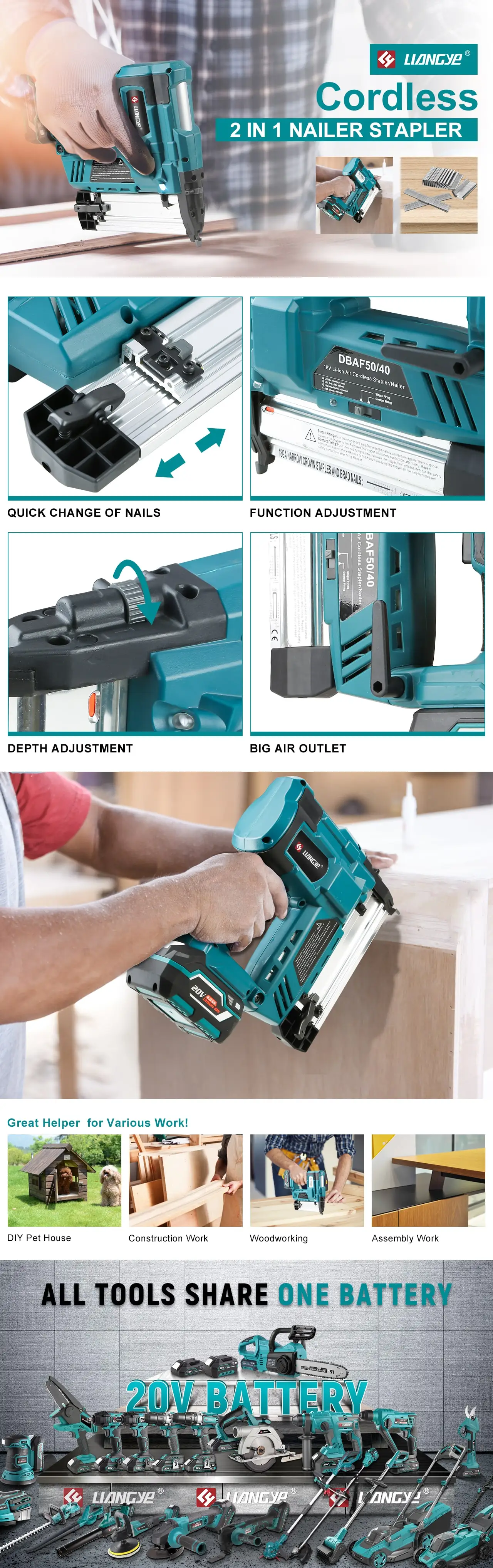 2 In 1 Framing Nail Gun And Staple 20v Cordless Nailer Battery Power ...