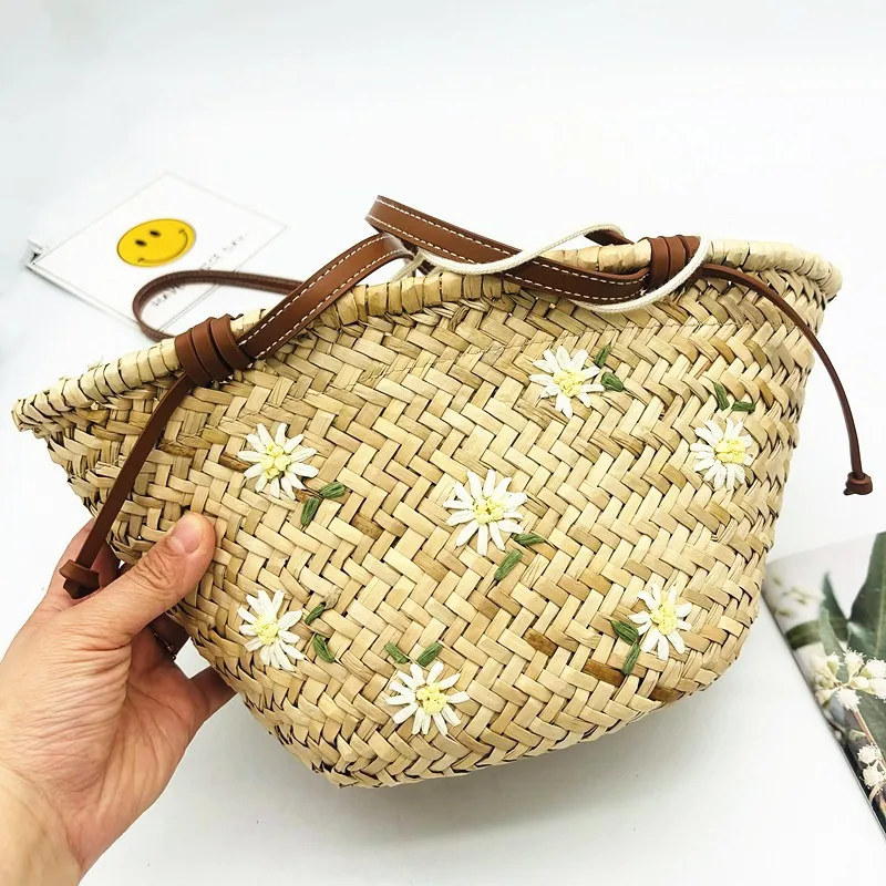New Women’s Embroidered Floral Handmade Straw Woven String Closure Shoulder Beach Bag Two Straps Middle Size Summer 2025