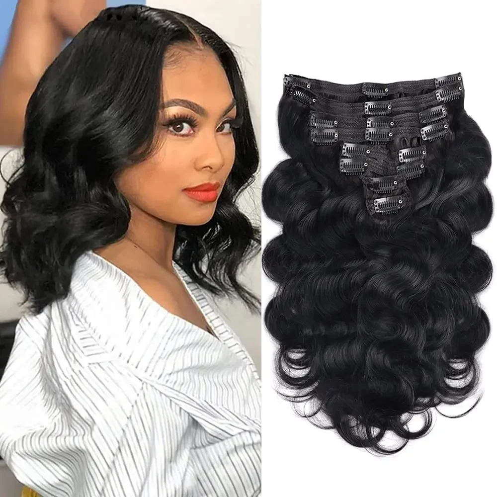 Body Wave Clip-In-Haarverlängerungen Nr. 1B, natürliche Farbe, Remy-Menschenhaar, 120 g, 8 Stück/Sets, Clip-In-Haarverlängerungen, 26 Zoll, für Frauen_voghion.com