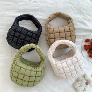 New Trendy Cloud Folds Handbag Four Seasons Nylon Plaid Mini Tote Hand Bags Korean Style Clutch Puff Bags for Girls