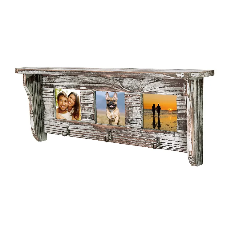 Wall Mount Shelf Photo Picture Frame Key Hooks Rustic Torched Wood Gift New 
