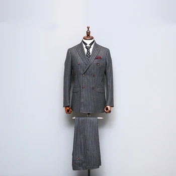Made to measure grey stripe worsted suit pants men double breasted men wool suit