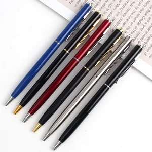 High Quality Hotel Pen Company Advertising Promotional Gift Customized Logo Slim Thin Twist Black Premium Metal Ball Point Pen