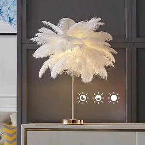 Romantic Decoration Feather Night Light Bedside Led Modern White Ostrich Feather Table Lamp With Desk