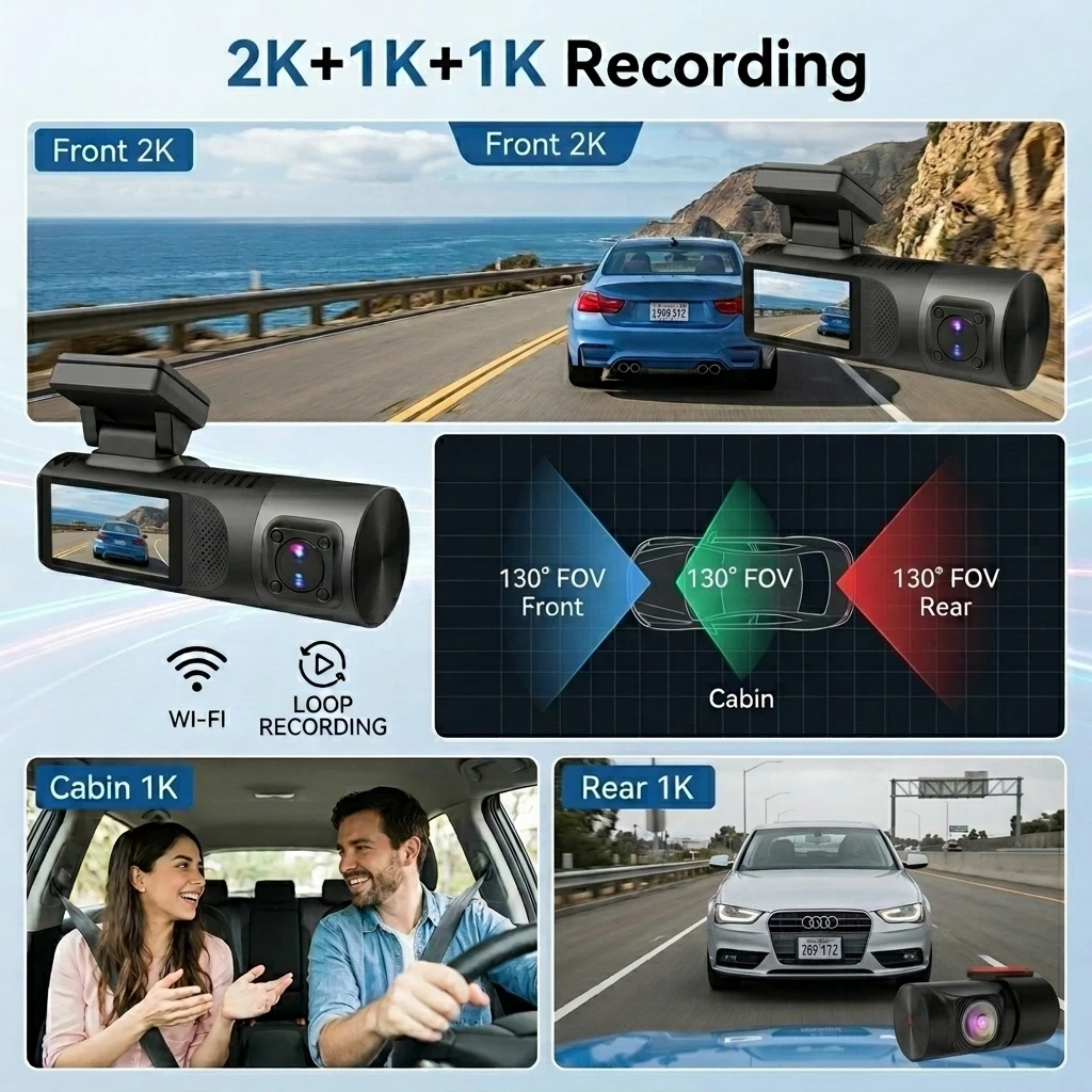 Factory Direct 3 Channel 1440P Dash Cam with WiFi Loop Recording Car Recorder for Cars