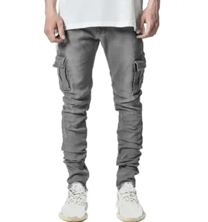 Factory custom jeans Black blue denim Cargo pants multi pocket slim fit Men's overalls jeans