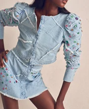 Women Fashionable Denim Two Pieces Set Beaded Top Two Pieces Ladies High Quality Handmade Jean Jacket