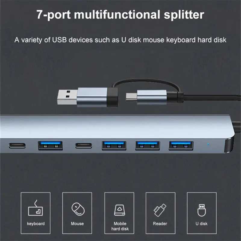 7-in-1 Mobile Computer Multi-function Dual-head USB/TYPE C 3.0 USB Hub PD5W Multi-device  7-1 Type-C to Usb 3.0 Hub