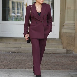 2025 Spring Lady Outfits Elegant Office Lapel Double Breasted Full Sleeve Blazers Loose Pants Women's Burgundy Suits Female Sets